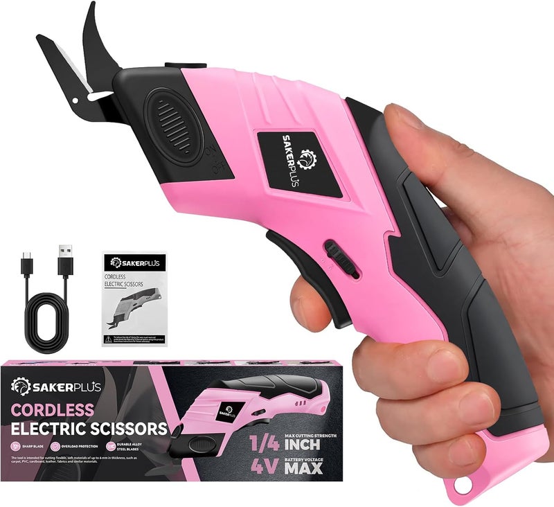 SakerPlus Cordless Electric Scissors, Fabric Scissors, Powerful Pinking Shears, Rechargeable Cardboard Cutter, Craft Scissor for Carpet Fabric Cardboard Leather Felt Cutting(Pink,1 Blade) - Image 1